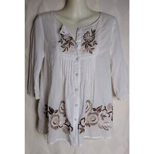 Future State 3/4 Sleeve Embroidered Top, Cream/Brown,‎ Sz S